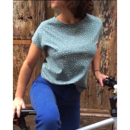 Top en coton bio beu pétrole à pois Aurore fabriqué à Toulouse en France
