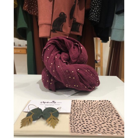 Grande écharpe prune à pois dorés fabriqué en France à Toulouse